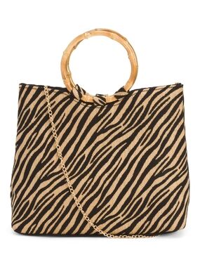 Zebra-Print Tote with Bamboo Ring Handles - Beige & Black